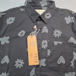 VSTR Premium Mens Long Sleeve Button Down Shirt Black Floral Heart Print Cotton